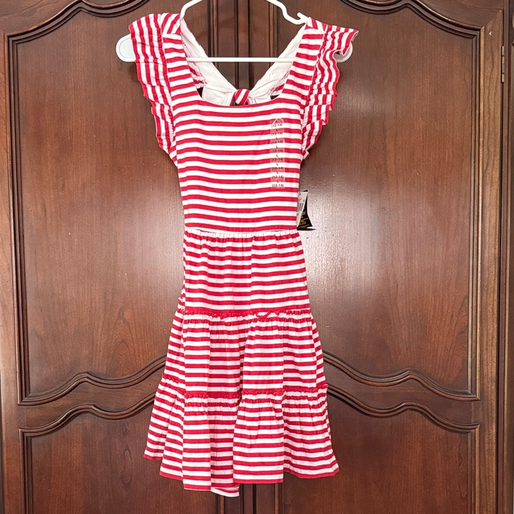 RALPH LAUREN Red and White Striped Ruffle Dress Tiered Preppy Summer 12-14 NWT